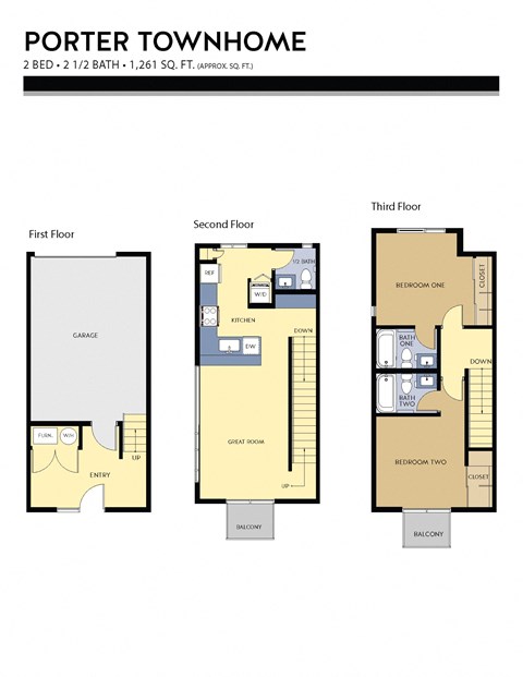 Floor plan for 2 beds, 2.5 baths, 1261 sqft